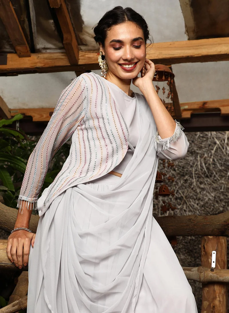  قصة Women's Midnight Black Embellished Lined Pre-Draped Saree For Casual Wear | Crew Neck | Long Regular Sleeves | 3 Piece Pre-Draped Saree Designed With Comfort Fit For Everyday Ethnic Wear